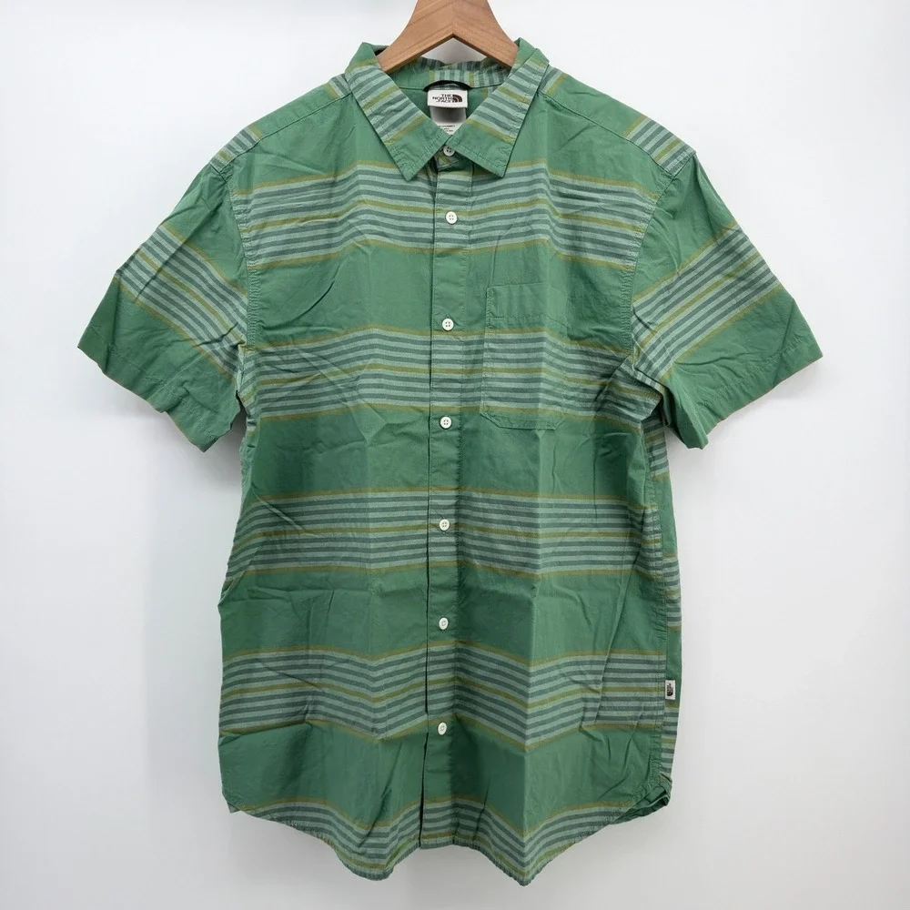 The North Face Shirt Mens L Green Striped Short Sleeve Hiking Pocket Gorpcore